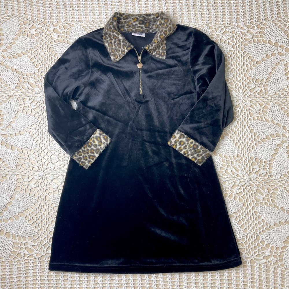 Vintage 1990s Miss Lana Girls 7/8 Years Black Velour Cheetah Trim Dress